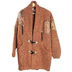 Vintage Tony Lambert Wool Blend Knit Duffle Coat Leaf Applique Long Cardigan M